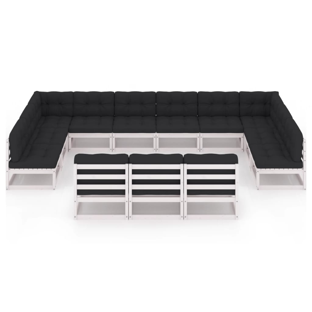 13-tlg. Garten-Lounge-Set mit Kissen Weiss Kiefer Massivholz